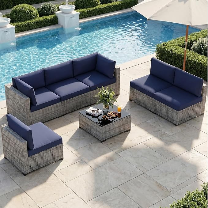 Patio Furniture Set 7 Pieces Conversation Set Wicker Outdoor Sectional Sofa,Ergonomic Armrests Couch with Cushion and Glass Table (Grey White-Navy, 7 Piece-Single)