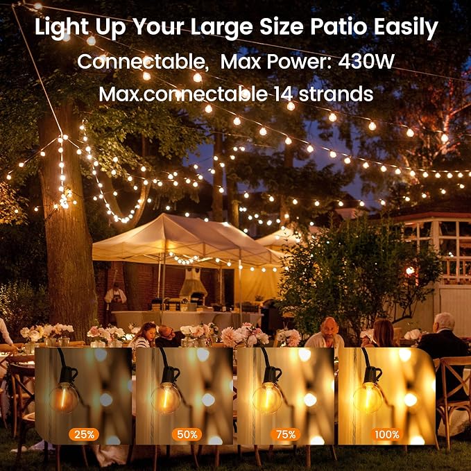 OHLUX Outdoor String Lights, 150FT Patio Lights with 70+2 Dimmable Plastic LED G40 Bulbs, 2200K Waterproof Connectable Hanging String for Backyard Cafe Porch Deck E12 Base