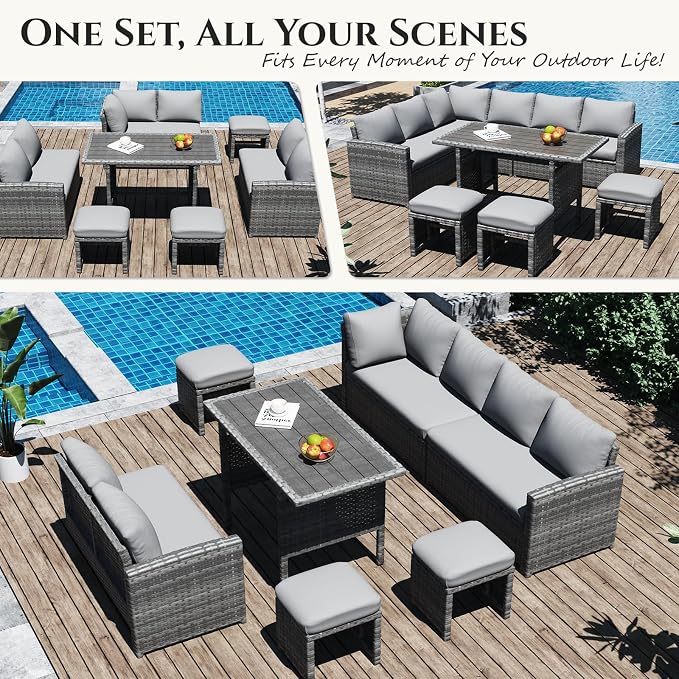 U-MAX 7 Pieces Patio Furniture Set, Outdoor Sectional Sofa Conversation Set, All Weather Wicker Rattan Dining Table & Chair with Ottoman, Grey Rattan&Light Grey Cushion