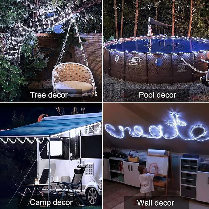 JMEXSUSS 66ft 200 LED 8 Modes White Solar Rope Lights for Pool | Solar Pool Lights Outdoor Waterproof, Solar Powered Christmas Lights for Fence,Gazebo,Yard,Walkway,Path,Garden Decor(White)