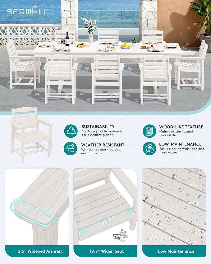 SERWALL 10 Piece Outdoor Dining Set with 15ft Triple-Head Foldable Umbrella(Based not Included), 84" HDPE Outdoor Table and Chairs for 8, White