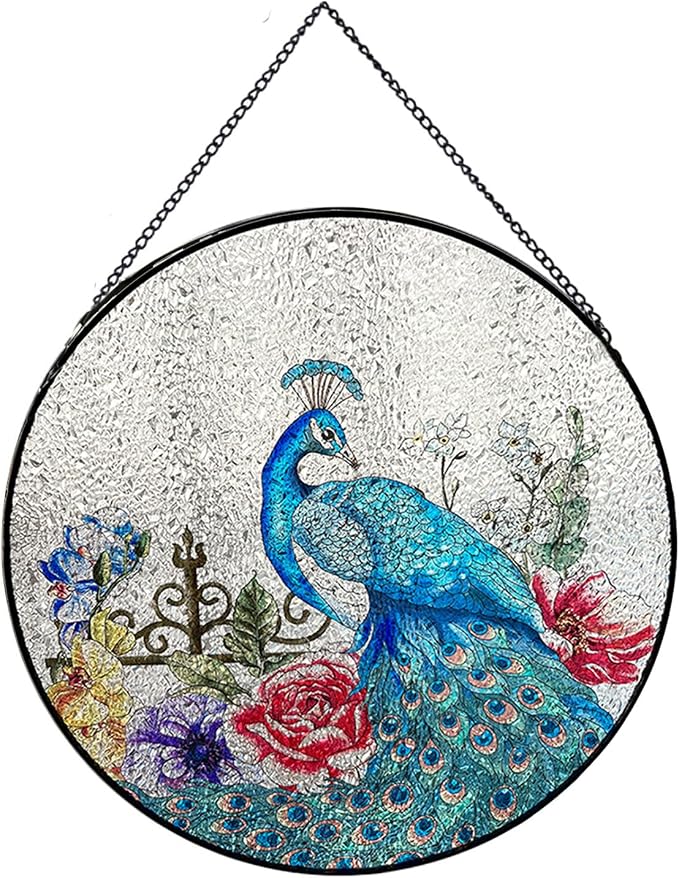 Stained Glass Window Hanging, Peacock Stained Glass Suncatcher Garden Hangings Christmas Mother's Day, Valentine's Day Ornaments Festival Gift 7.87 in