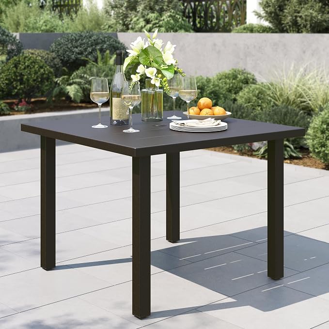 PHI VILLA 34" Outdoor Patio Table for 4, Slatted Wrought Iron Dining Table with Umbrella Hole, Minimalist Outside Metal Furniture for Deck, Porch, Backyard - Black