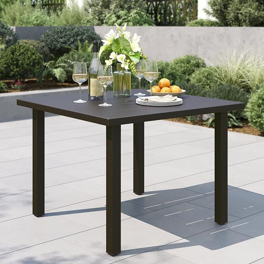 PHI VILLA 34" Outdoor Patio Table for 4, Slatted Wrought Iron Dining Table with Umbrella Hole, Minimalist Outside Metal Furniture for Deck, Porch, Backyard - Black