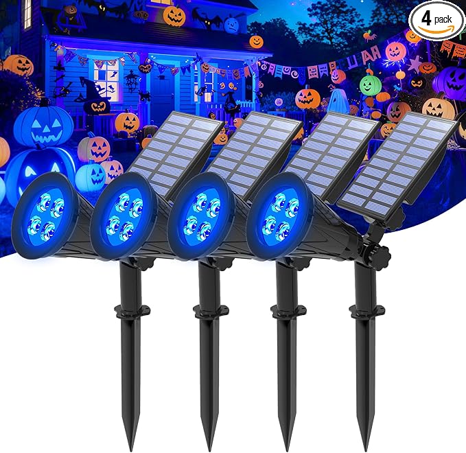 T-SUNUS Solar Landscape Spotlights Outdoor, Blue LED Solar Spot Lights Adjustable Panel, 2 Lighting Modes, Auto On/Off, IP65 Waterproof, 2-in-1 Ground & Wall Mount for Yard Garden Pathway 4 Pack