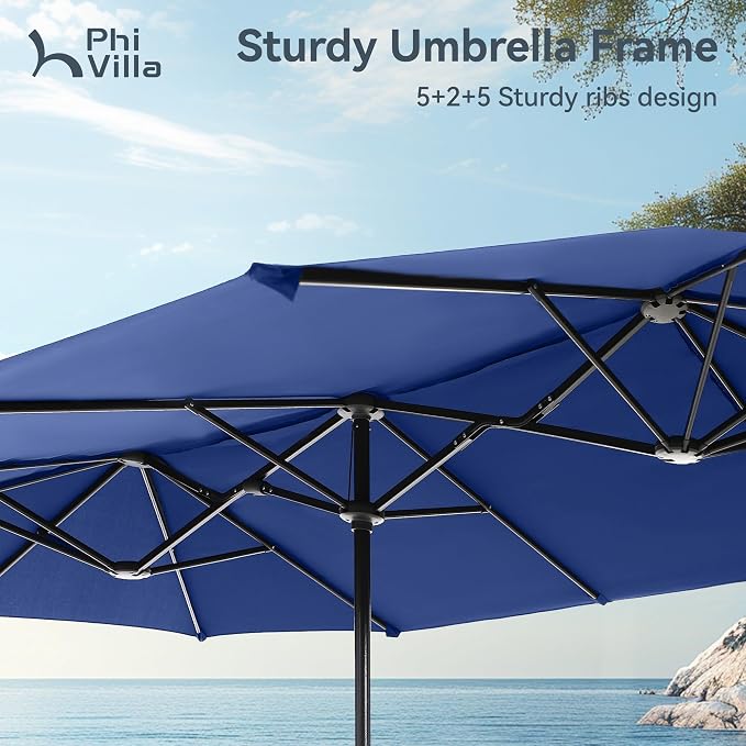 PHI VILLA 8 PCS Patio Dining Set with 13ft Large Patio Umbrella(Haze Blue), 6 Outdoor Swivel Chairs & 1 Rectangle Metal Table for 6 Person, Patio Dining Fruniture Set for Deck Garden(No Umbrella Base)
