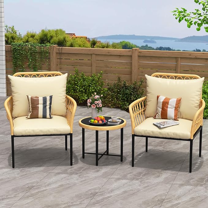 TrailBlaze All-Weather 3-Piece Outdoor Rattan Patio Sofa Set - PE Wicker Conversation Set with Glass Coffee Table, Thick Cushions, Lightweight & Space-Saving - Ideal for Balcony, Garden, Backyard