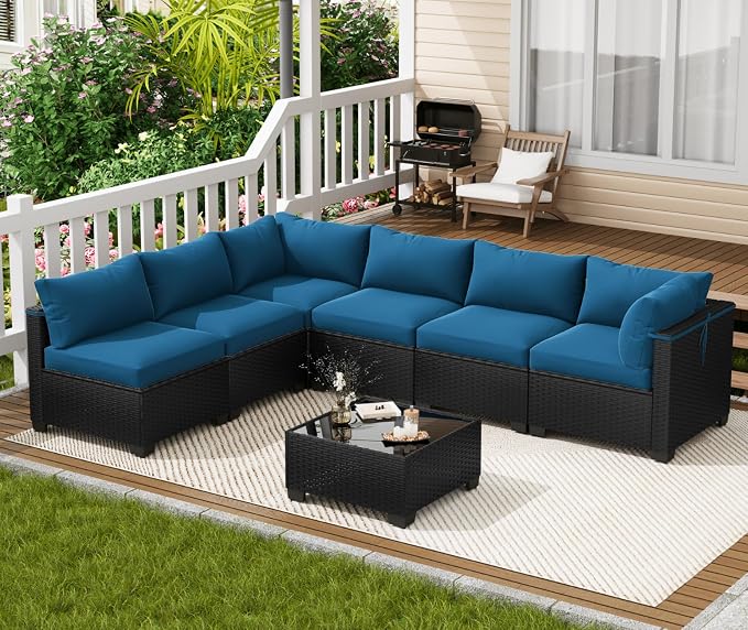 LOUVIXA 7 Piece Outdoor Patio Furniture Set, Outdoor Sectional Sofa, Wicker Rattan Patio Furniture, Patio Conversation Set with Coffee Table & Cushions