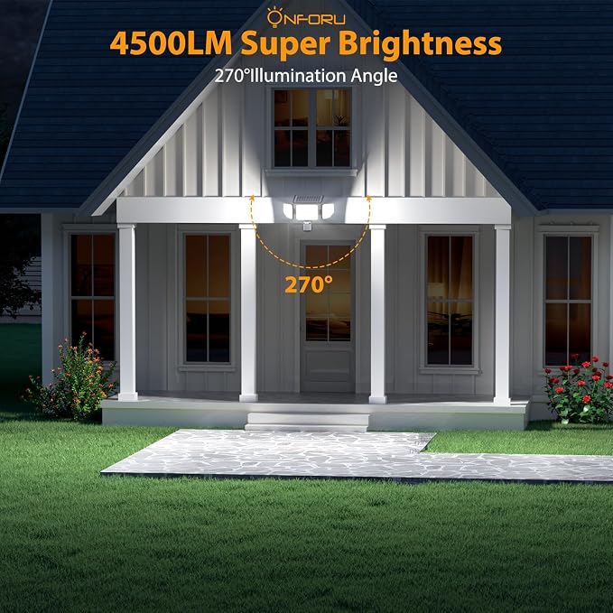 Onforu 4500LM Solar Lights Outdoor, 3 Heads Security Lights with Remote Control, IP65 Waterproof Motion Sensor Lights, 3 Modes Solar Light Fixtures for Wall, Porch, Yard, Outside, 1 Pack