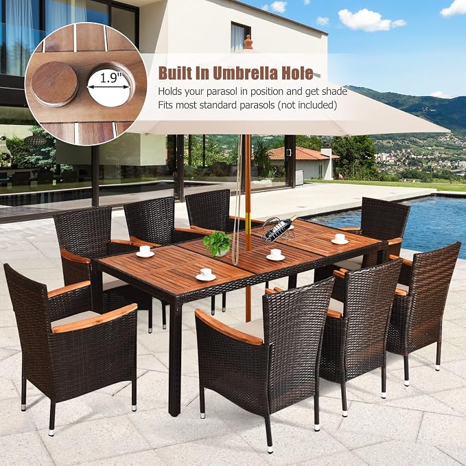 9 Piece Outdoor Dining Set, Patio Dining Set with Acacia Wood Table Top, Armrest & Umbrella Hole, 9 PCS Poly Rattan Dining Table Chairs Conversation Set for Outdoor and Indoor (Brown)