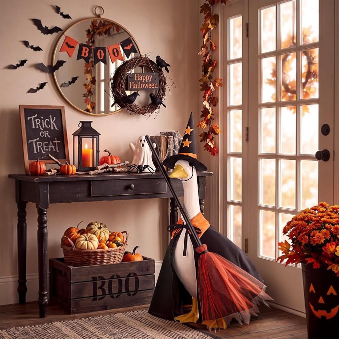 Halloween Porch Goose Outfit Goose Dress Witch Clothes with Broom and Hat Costume for 23" Gooses Statue Decoration Patio Yard Garden Lawn Outdoor Decors