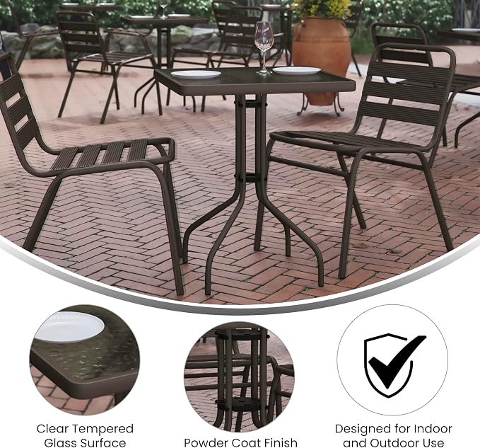 EMMA + OLIVER Benji Patio Dining Table - Bronze Metal Frame - 23.5" Square Tempered Glass Top - Suitable for Indoor/Outdoor Use