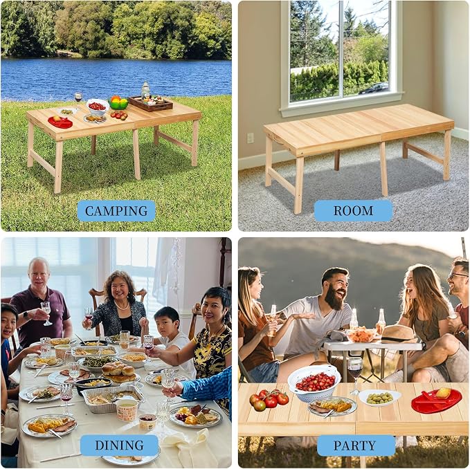 Foldable Boho Wooden Picnic Table, No Assembly Required Portable Outdoor Indoor Low Picnic Table for Floor Seating, Beach, Camping, BBQ, Backyard, 48" x 24", Seats 4–6 People