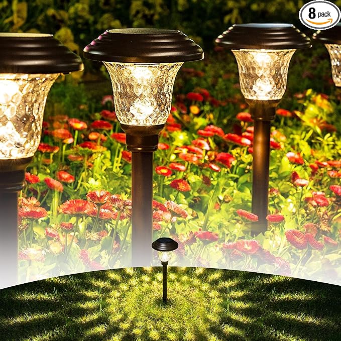 GIGALUMI Metal & Glass Solar Lights Outdoor, 8 Pack LED Garden Lights | Solar Pathway Lights Waterproof IP65, Warm White Landscape Path Lights, Garden Decor for Yard, Patio, Walkway (Brown)