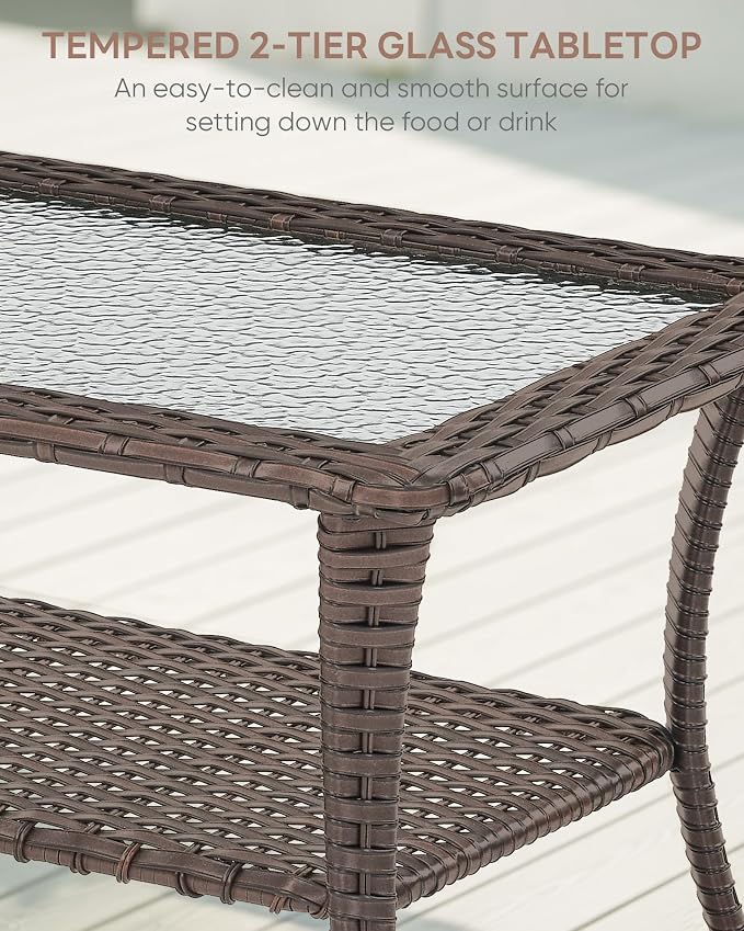 Patio Coffee Table for Outdoor Furniture Set - 2-Tier Storage Wicker Side Tables with Smooth Clear Tempered Glass Tabletop for Outside Wicker Rocking Swivel Chairs in Porch Deck Yard - Brown