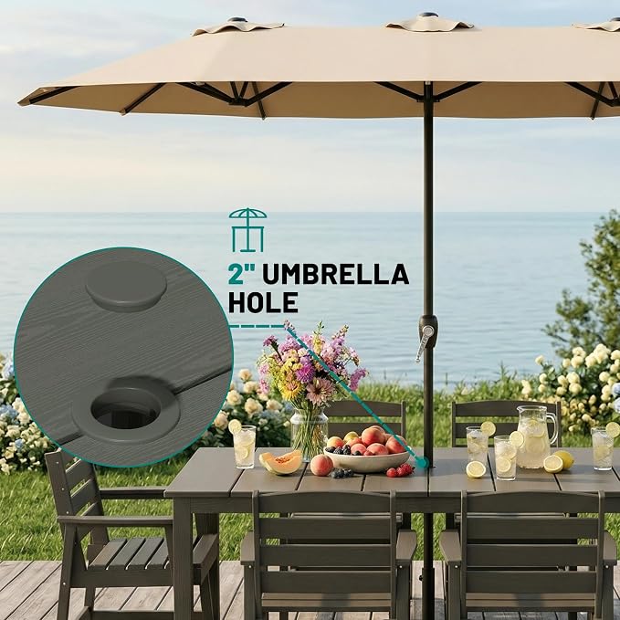 PLUUV Outdoor Dining Set for 8 Person, HDPE Large Table with Aluminum Legs and 8 Armless Chairs, All-Weather Patio Dining Furniture Set with Umbrella Hole for Backyard, Garden, Grey