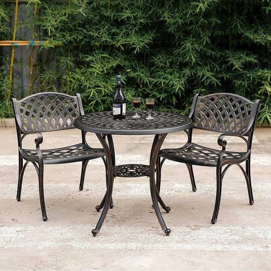 3 Piece Outdoor Dining Set,Cast Aluminum Bistro Set with Umbrella Hole, All Weather Patio Furniture Set, Small Patio Dining Set for Garden/Balcony/Deck, Bronze (Woven Backrest)