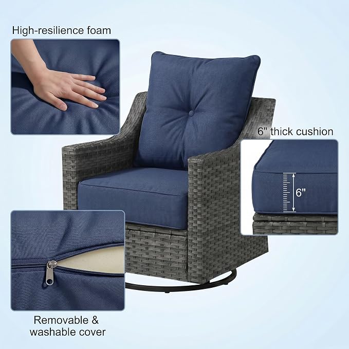 Luxury Outdoor Patio Furniture Set with 6-Inch Thick Cushions, High Back Wicker Swivel Rocker Chairs, 7 Pcs All Weather Conversation Set for Deck,Yard and Poolside