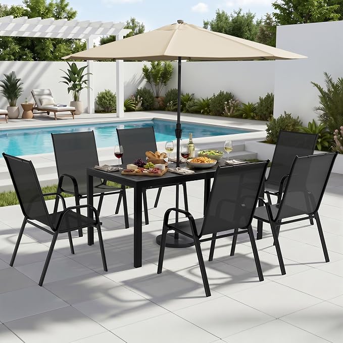 7-Piece Outdoor Dining Set, All Weather Patio Table and Chairs Set with Umbrella Hole for 6, Steel Slat Table and 6 Textilene Chairs for Backyard, Poolside and Deck, Black(No Umbrella)