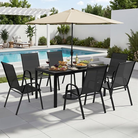 7-Piece Outdoor Dining Set, All Weather Patio Table and Chairs Set with Umbrella Hole for 6, Steel Slat Table and 6 Textilene Chairs for Backyard, Poolside and Deck, Black(No Umbrella)