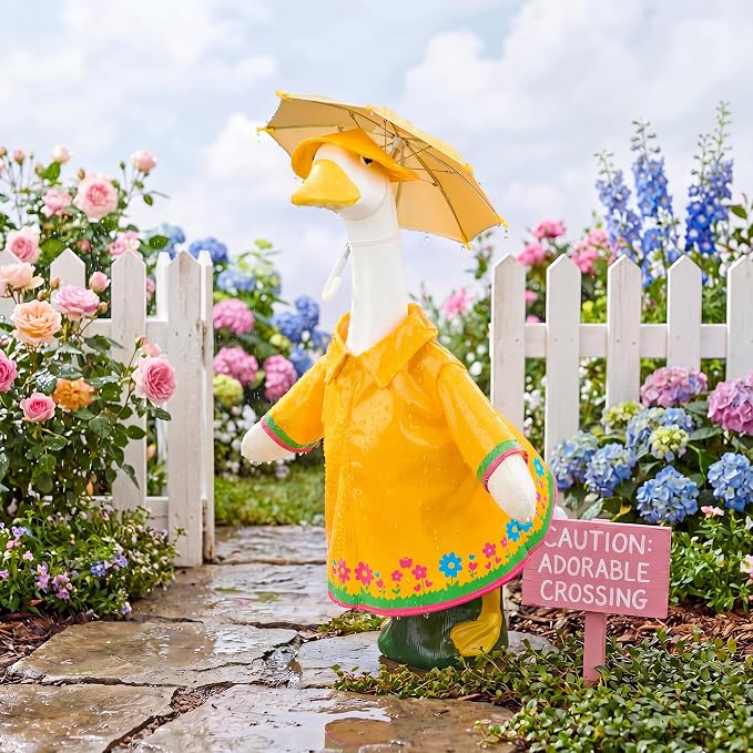 Raincoat Goose Outfits Porch Goose Spring Outfit Goose Printed Raincoat Clothes with Umbrella Hat Fits 23" Geese Statue for Spring Summer Garden Lawn Patio Yard Outdoor Decor (Yellow)