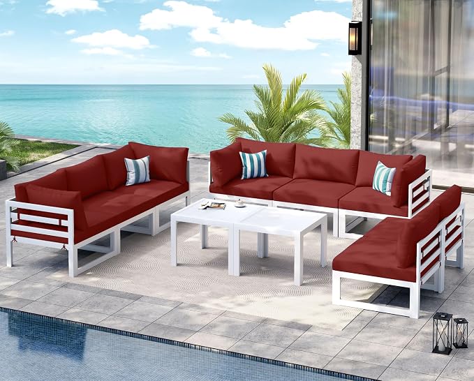 NICESOUL 10 Piece Modern Aluminum Patio Furniture Set, 500 lbs Heavy Duty Durable Outdoor Sectional Sofa, 29" Deep Wide Oversized Seating, L Shaped Comfortable Conversation Couch for Outside Deck, Red