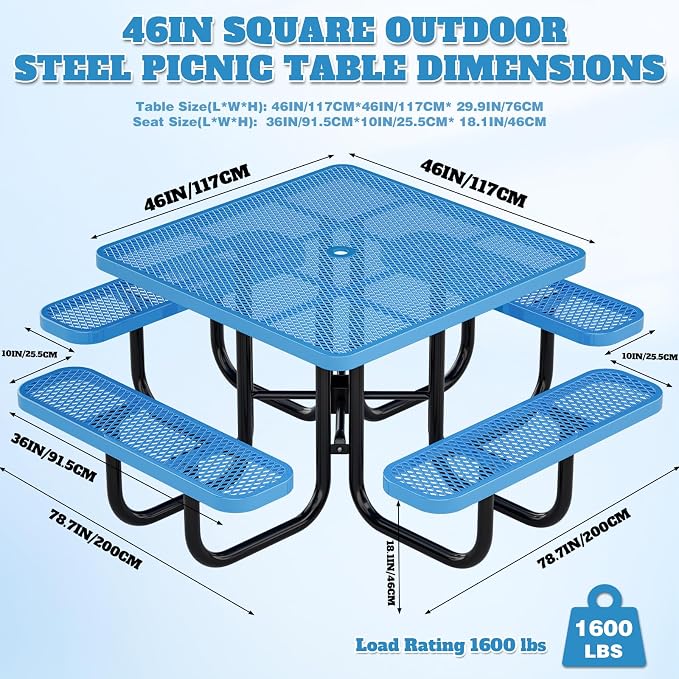 46IN Square Metal Picnic Table Set with Umbrella Hole and 4Benches for Outdoor, Expanded Heavy Duty Metal Commercial Grade Patio Dining Furniture for Yard Patio Lawn Party Coffee, Blue