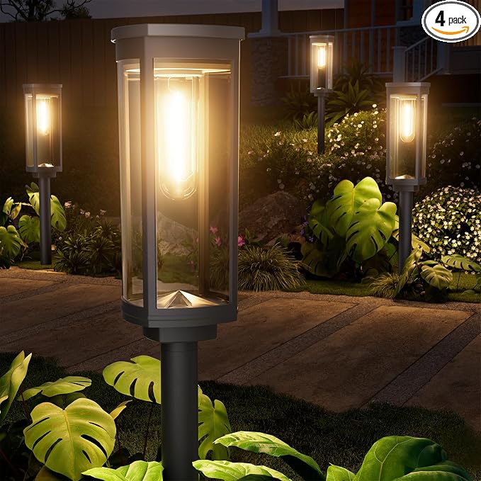 NEWMESSI 4 Pack Solar Pathway Lights Outdoor, Modern Super Brightness LED Solar Path Lights, IP65 Waterproof Garden Solar Powered Landscape Lighting for Outside Yard Garden Driveway Walkway Décor