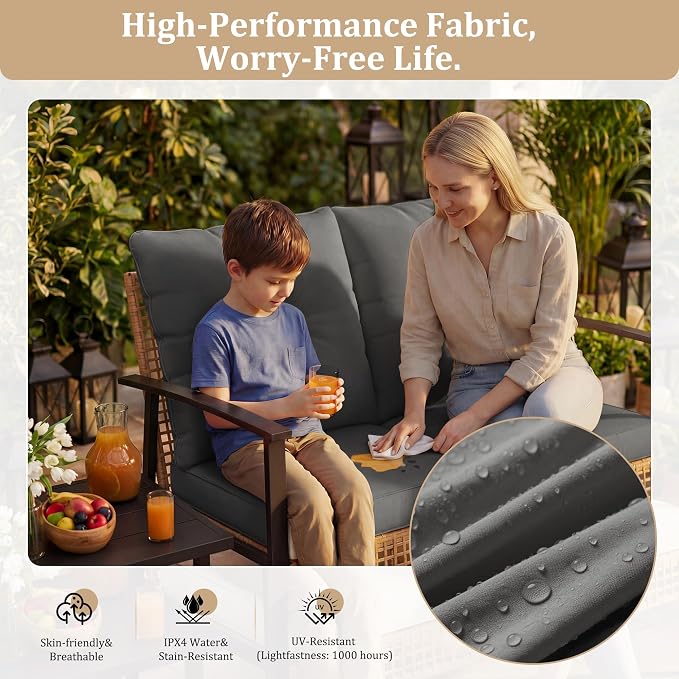 Deersky 4 Piece Outdoor Patio Furniture Set, Outdoor Rocking Chairs and Table, All-Weather Modern PE Wicker Rattan Patio Conversation Set for Porch Sunroom Deck and Yard, Dark Grey