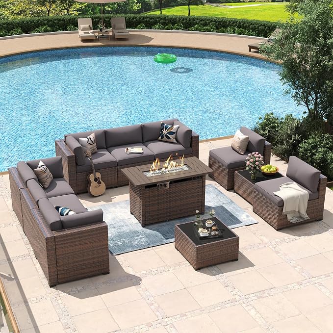 Aoxun 11 Piece Patio Furniture Set with 44” Fire Pit Table Wicker Rattan Outdoor Sectional Sofa Set with Coffee Table and Thickened Cushions, Gray