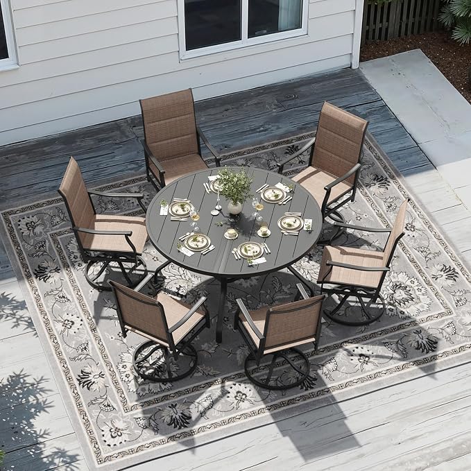 Soohow Outdoor Dining Set for 6, 7-Piece Round Table Patio Dining Set, 6 x Swivel Patio Chairs and 1 x 47 Round Outdoor Dining Table, for Poolside, Backyard and Proch