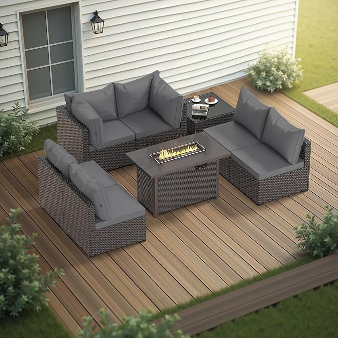 Patio Furniture Set with Fire Pit Table, 8PCS Outdoor Conversation Sets Waterproof Rattan Sectional Sofa with 4” Thickened Cushion Modular Wicker Patio Furniture Set with Glass Top Table (Grey)