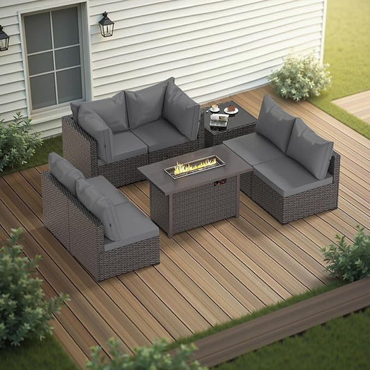 Patio Furniture Set with Fire Pit Table, 8PCS Outdoor Conversation Sets Waterproof Rattan Sectional Sofa with 4” Thickened Cushion Modular Wicker Patio Furniture Set with Glass Top Table (Grey)