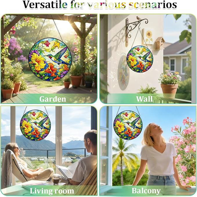 Stained Glass Window Hanging - Colorful Hummingbird Suncatcher for Windows Doors Home Decor, Hummingbird Flowers Sun Catcher Gift for Women Mom Nana Bird Lovers Christmas Mother's Day Birthday 7.8 in