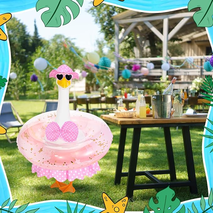 Hawaiian Porch Goose Outfits Summer Bikini Goose Outfit Fits 23" Goose Statue with Hat Sunglasses & Swimming Ring for Cement Yard Decor (Pink)