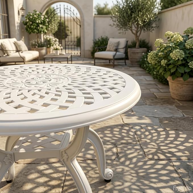 Round Outdoor Coffee Table, Cast Aluminum Side Table with Storage,Indoor End Table, All-Weather Bistro Table for Patio Garden Lawn,White