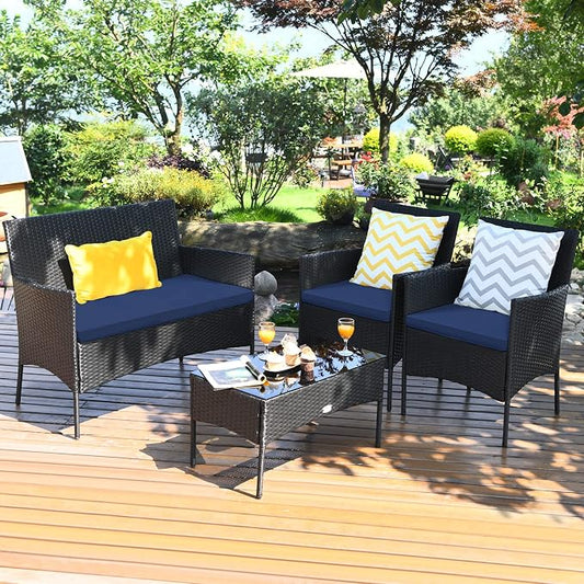 Tangkula 4 Piece Patio Furniture Set, Outdoor Wicker Conversation Set with Tempered Glass Coffee Table, Rattan Loveseat & Chairs Set with Seat Cushions for Backyard, Garden, Poolside (1, Navy)
