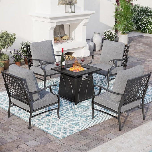 SUNSHINE VALLEY 5 Piece Metal Outdoor Patio Furniture Set with Fire Pit Table, Patio Conversation Sets 4 Fixed Chairs with 5.75" Thick Cushion and 5000 BTU Fire Pit Table, Backyard Furniture, Gray