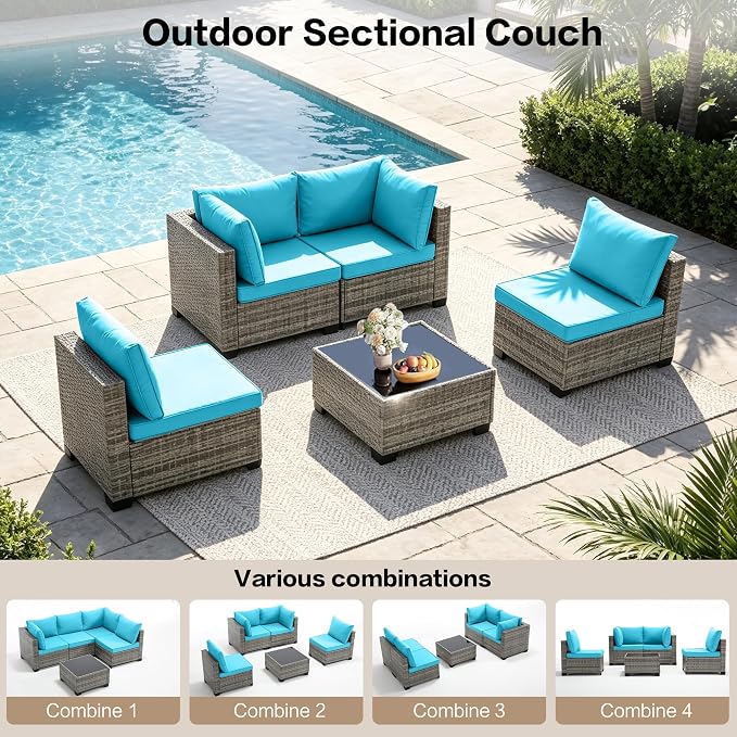 5-Piece Outdoor Patio Furniture Set, Gray PE Rattan Sectional Sofa with Turquoise Cushions and Steel Frame, Coffee Table Included, Modular Outdoor Conversation Set for Patio Garden Poolside