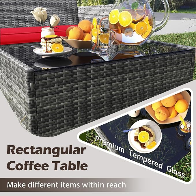 Tangkula 8 Pieces Patio Rattan Conversation Set, Outdoor Wicker Furniture Set with Cushioned Chair, Loveseat & Tempered Glass Table, Outside Sectional Sofa Set for Backyard (G-red,2)