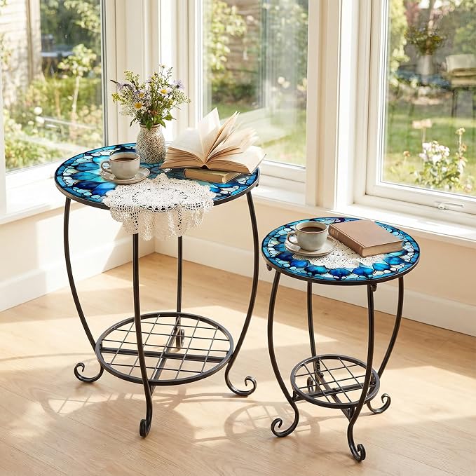 Cinnvoice 2 Pcs Outdoor Side Table Small Patio Round Mosaic Accent End Table Indoor Plant Metal Coffee Tea Tables for Patio Yard Porch Garden Living Room(12" and 16",Mandala Style)
