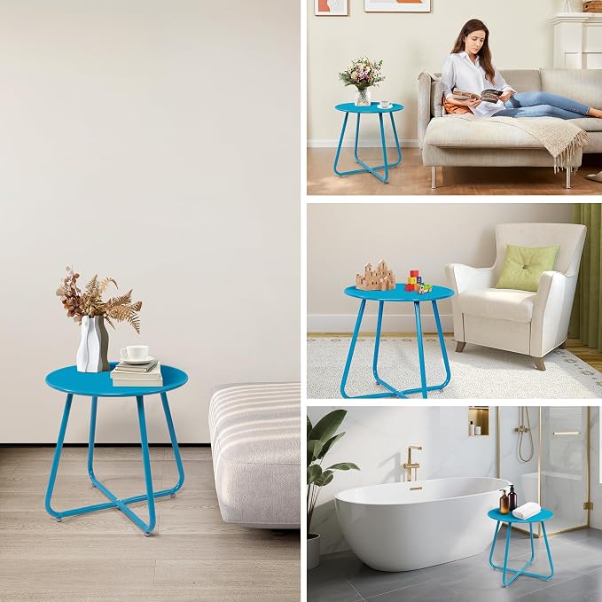 Patio Small Side Table Waterproof Round Metal Steel Weather Resistant Portable Outdoor and Indoor End Table for Garden Balcony Yard,Sky Blue(2 PCS)