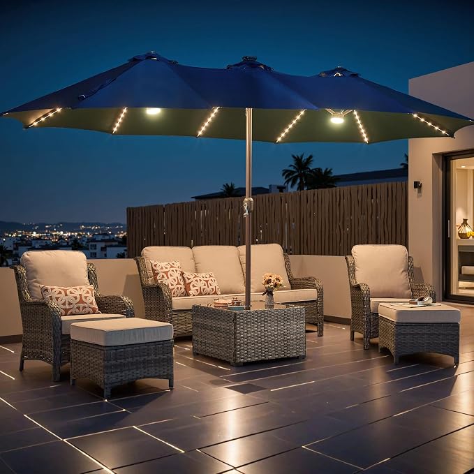 HOOOWOOO Outdoor Patio Coffee Table with Umbrella Hole, All-Weather Handwoven PE Wicker Rattan Square Bistro Side End Table with Storage Shelf