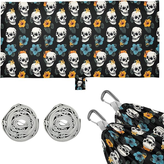 Camping Hammock Outdoor Hammocks for Outside Skull Hibiscus Flower Beach Trees Portable Lightweight with Pockets Tree Straps Indoor