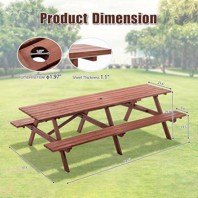 Outdoor Wooden Picnic Tables 10-12 Person with Benches for Patio Garden Backyard Large Outside Dining Table Set with Umbrella Hole