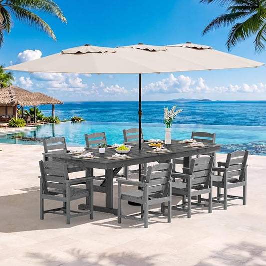 SERWALL 10 Piece Outdoor Dining Set with 15ft Triple-Head Foldable Umbrella(Based not Included), 84" HDPE Outdoor Table and Chairs for 8, Gray