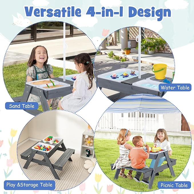 KOTEK Kids Picnic Table, 4 in 1 Sand and Water Table w/Detachable Tabletop, 3 Removable Play Boxes, Foldable & Height Adjustable Umbrella, Wood Sensory Table and Bench for Outdoors, Indoors (Grey)