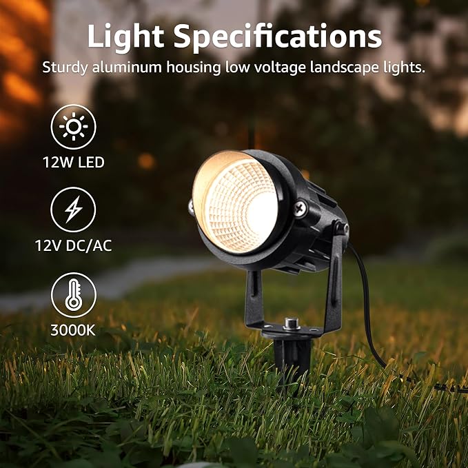 SUNVIE Low Voltage Landscape Lights with 300W Transformer, 12PCS | 12-24V LED Landscape Lighting Kit 3000K Waterproof Aluminum Landscape Spotlights with Connectors for House Yard Tree Garden