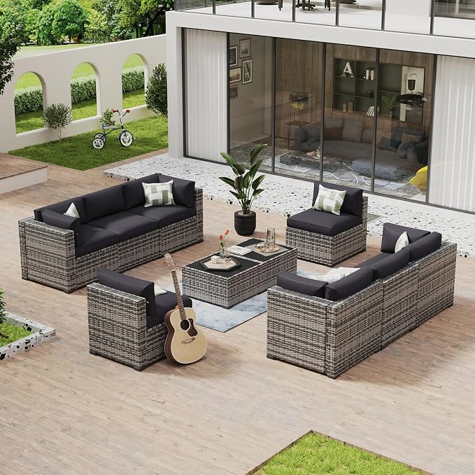 Aoxun 10 Piece Patio Furniture Set Wicker Rattan Patio Conversation Set Outdoor Sectional Sofa Set with Coffee Table and Thickened Cushions, Gray/Black