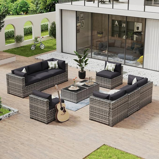 Aoxun 10 Piece Patio Furniture Set Wicker Rattan Patio Conversation Set Outdoor Sectional Sofa Set with Coffee Table and Thickened Cushions, Gray/Black